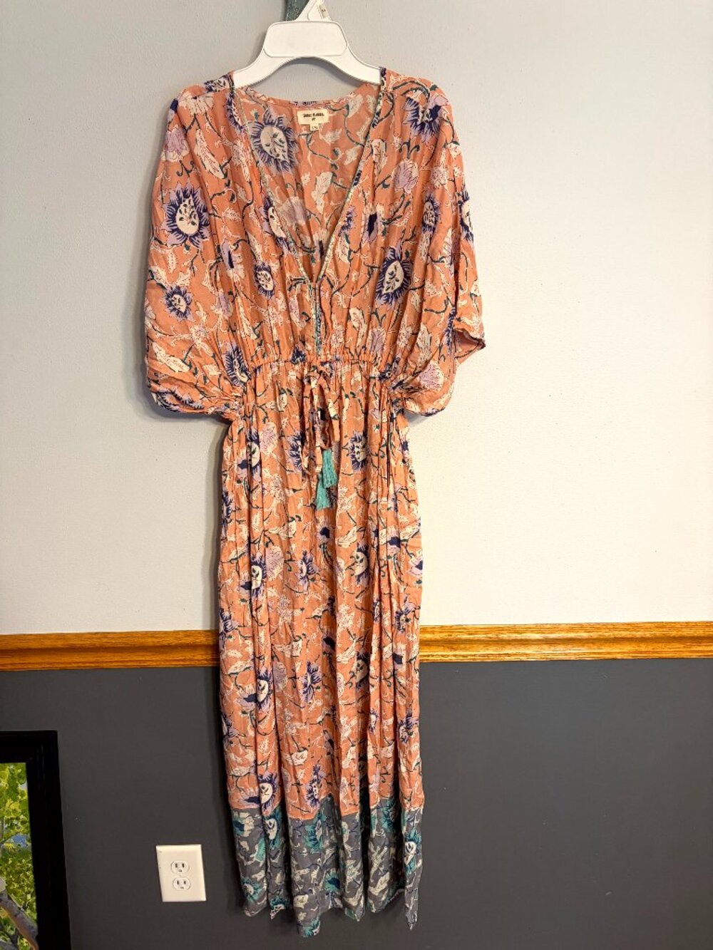 World Market Boho floral Kaftan Maxi Dress S/M V Neck Tassel Tie Flowy Resort